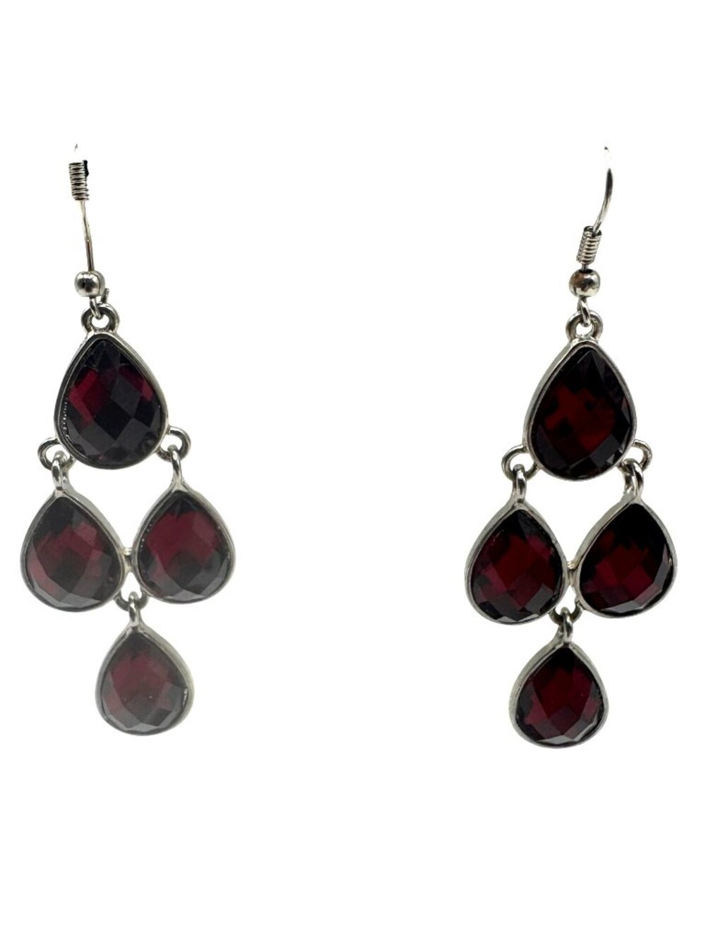 Silver Drop Earrings With Red Teardrop Gemstones